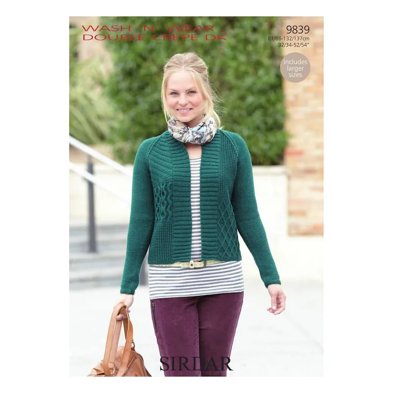 Brand New Sirdar Wash 'n' Wear Double Crepe DK Cardigan Digital Pattern 9839