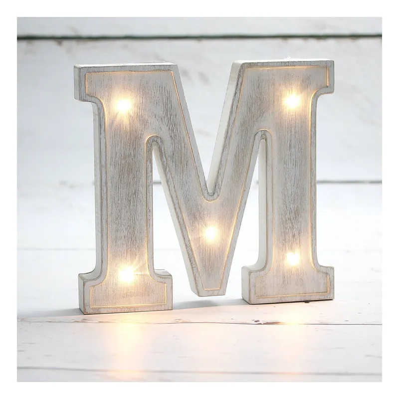 White-Washed Wooden LED Letter M 21cm Premium
