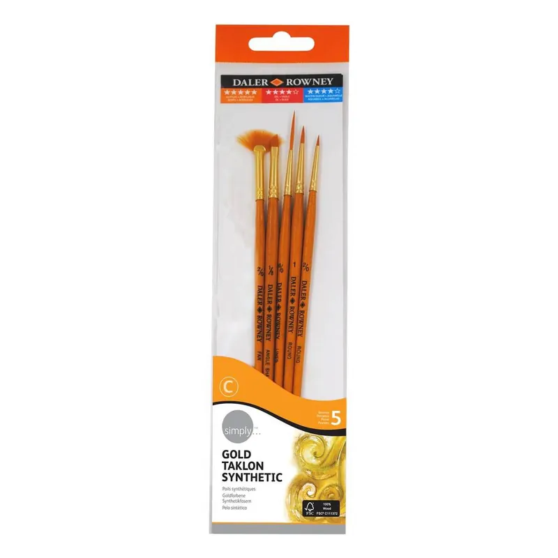 Daler-Rowney Gold Taklon Round and Flat Synthetic Brushes 5 Pack Big Sale