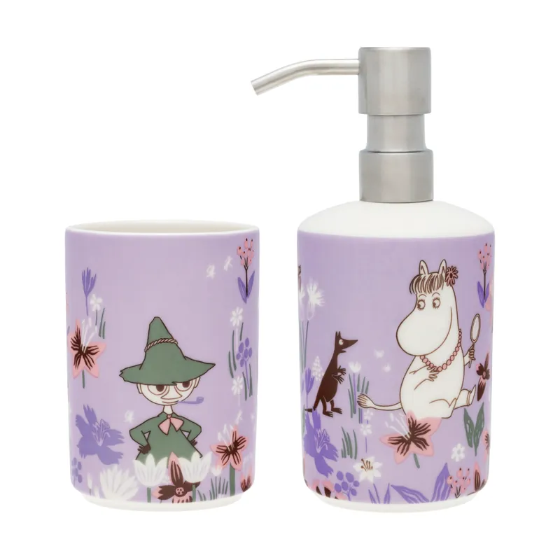 Moomin soap dispenser and toothbrush holder, Bath time green-white Price Drop