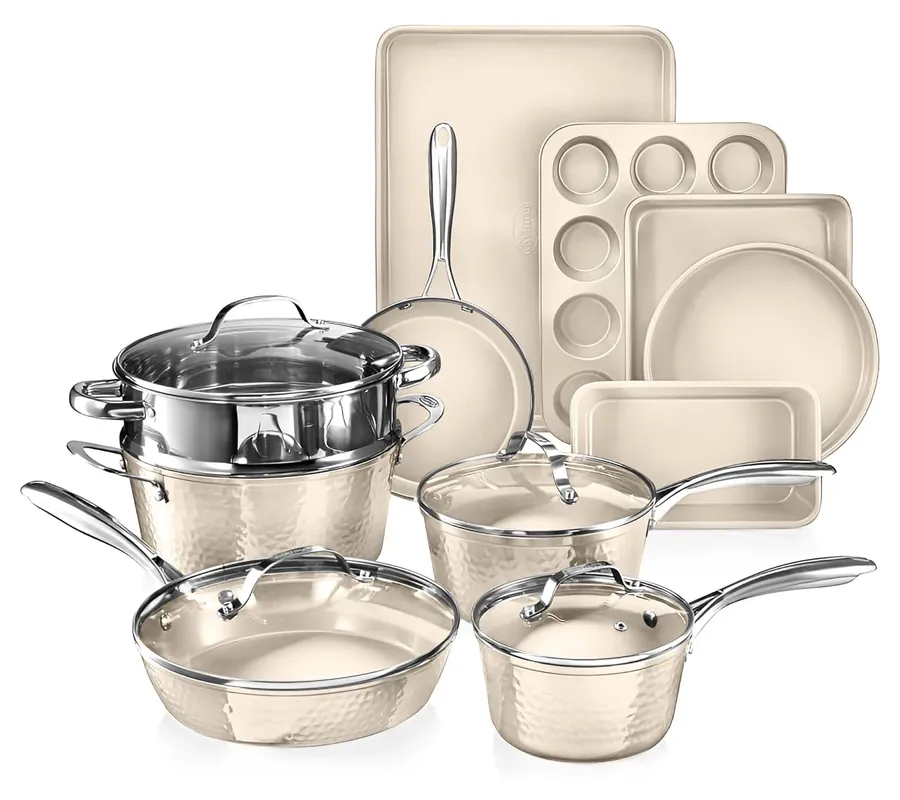 Gotham Steel Hammered Cream 15 Piece Cookware and Bakeware Set Hassle-Free Returns