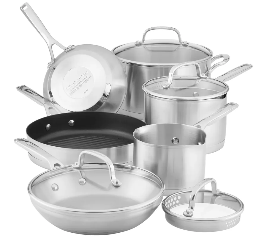 Worldwide Shipping KitchenAid 3-Ply Base Stainless Steel 10pcCookware Set