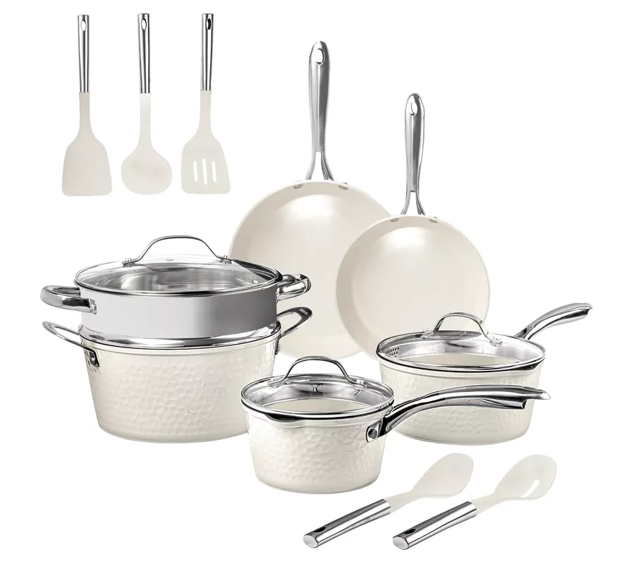 Gotham Steel Hammered Cream 15 Piece Cookware and Utensil Set Instant Buy