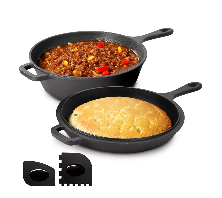 Same Day Shipping MegaChef 10.5" 2-in-1 Cast Iron Skillet Fry PanLid w/ Scraper