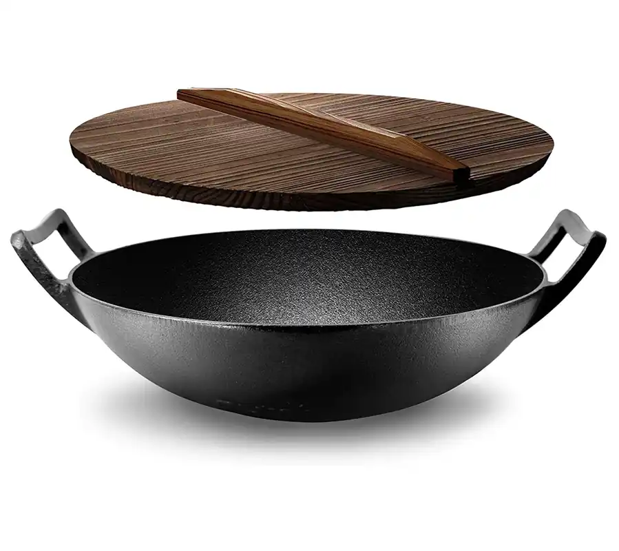 While Supplies Last Nutrichef Cast Iron Stir Fry Wok with Wooden Lid