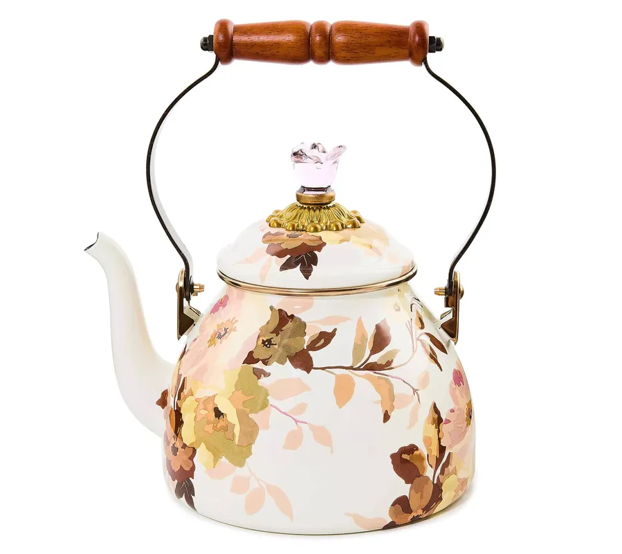 Handmade MacKenzie- Childs 2-Quart Wild Rose Enamel Tea Kettle