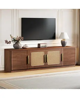 Latest 70.9" Mid Century Modern Entertainment Center with 6-Tier Shelf, Wood Long Media Console Television Stands Cabinet for TVs Up to 80 Inches