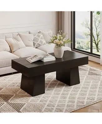 Viral Farmhouse Coffee Table, 47 Inch Wooden Rectangular Center Table with Thick Base