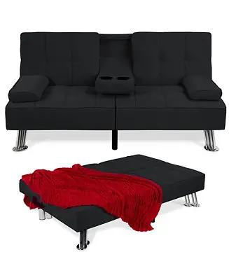Sale Modern Linen Convertible Futon Sofa Bed w/ Removable Armrests, Metal Legs, Cupholders
