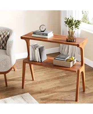 Exclusive Offer Narrow End Table for Living Room, 2-Tier Slim Sofa Side Table with Solid Wood Legs, Bedside Table, Nightstand for Bedroom