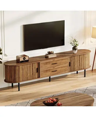 Flash Sale 70" Walnut Wood TV Stand Fluted Tambour Doors Drawers & Adjustable Shelves Mid-Century Entertainment Console