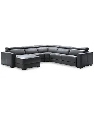 New Release Nevio 124" 5-pc Leather Sectional Sofa with Chaise, 1 Power Recliner and Articulating Headrests