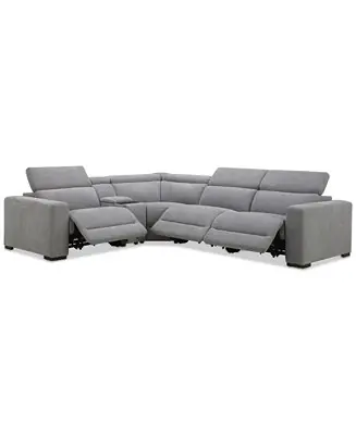New Arrival Nevio 5-Pc. Fabric Power Headrest L-Shape Sectional and Console with 3 Power Motion Chairs