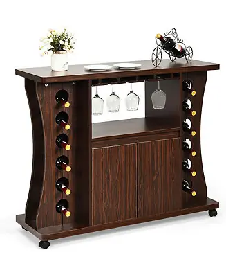 Rolling Buffet Sideboard Wooden Bar Storage Cabinet w/ Wine Rack & Glass Holder High Quality