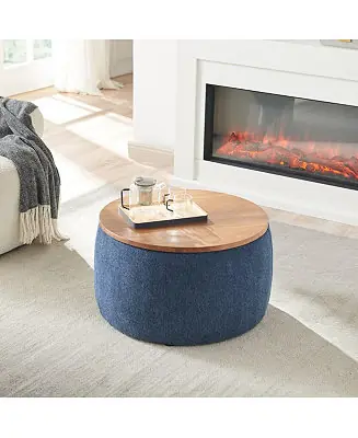 Round Upholstered Storage Ottoman with Removable Top for Use as Coffee Table or Footstool Handmade Accent for Living Room or Bedroom-The Pop Home Best Choice