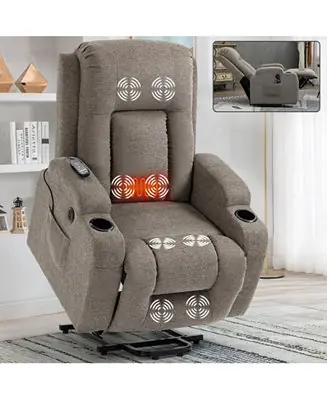 Direct From Factory Infinite Position Single Motor Up to 350 LBS Power Lift Recliner Chair for Elderly Heavy Duty Motion Mechanism with 8 Point Vibration Massage and Lumbar Heating USB Charging Port Cup Holders Brown