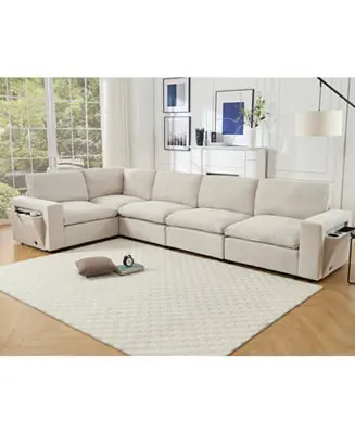 Streamdale Modular Sectional Sofa with Wireless Charger, Cup Holders, Book Space, and Soft Linen Fabric (5-seat, Beige) Bulk Order