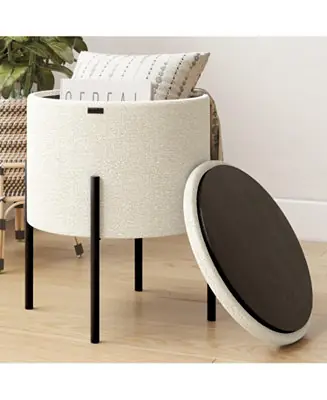 Round OttomanBoucle FabricHidden Storage Foot Stool/Vanity Stool for Living Room & Bedroom Decor Shop Now