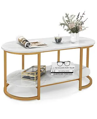 Grab Now White Marble Coffee Table Modern 2-Tier Center Table with Open Storage Shelf