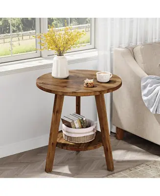 Solid Wood Round End Table, Sofa Side Table with Storage Shelf, Farmhouse Nightstand for Living Room, Bedroom Super Sale