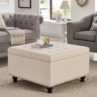 Best Seller Beige upholstered storage ottoman with wooden legs