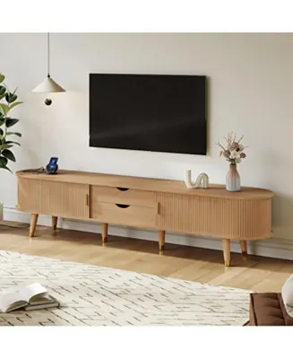 Price Cut Wooden Oval Fluted TV Stand with Charging Station & Sliding Door (Up to 80
