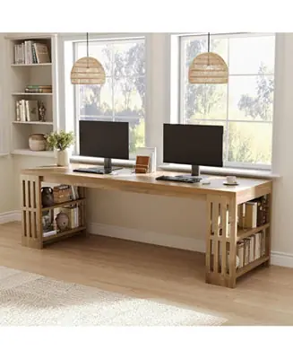Fast Shipping 2 Person Desk, 78.7" Computer Desk with Shelves, Farmhouse Home Office Desk, Wood Heavy Duty Shelf Legs