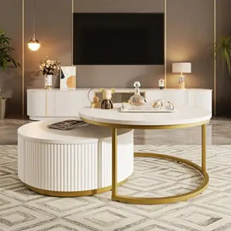 Same Day Shipping Streamdale Nesting Coffee Table – 2 Pc, MDF & Metal, Fluted Base, Drawer Storage, Round Modern Design for Living Room