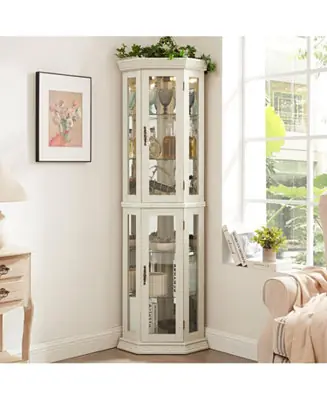 Lighted Corner Curio Cabinet - Glass Display, Adjustable Shelves - WHITE Markdown