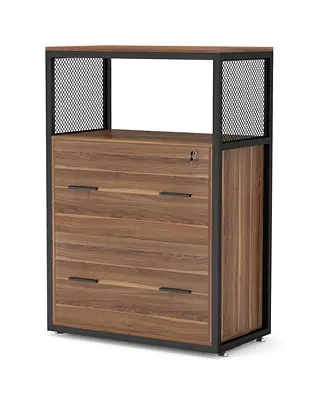 2 Drawer File Cabinet with Lock, Large Lateral Filing Cabinet for Letter/Legal / A4 Size, Wood Printer Stand with Open Storage Shelves for HomeOffice (Brown) Buy Direct