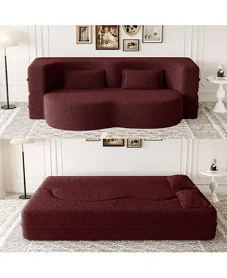 Same Day Shipping Teddy Fabric Convertible Sleeper Sofa Bed with 2 Pillows - Burgundy