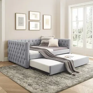 1 Pc Fabric Upholstered Daybed Twin Trundle Tufted Design Bedroom Furniture Certified