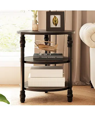 Latest Round End Table, Small Accent Table with 3 Tier Storage Shelves, Farmhouse Wood Side Table, Metal Frame Industrial Night Stand for Living Room, Bedroom, Small Spaces