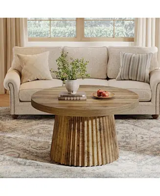 Round Coffee Table, 31.5" Modern Circle Center Table with Fluted Drum Base and Wood Grain Finish Hassle-Free Returns