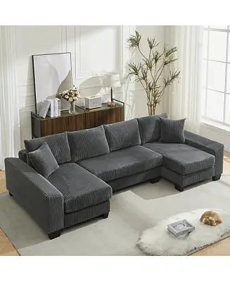 114" U-Shaped Corduroy Upholstery Pull-Out Sleeper Bed, Oversized Convertible Sectional, Chaise Lounges, Pillows & Cushions Sofa Bed Seasonal Sale