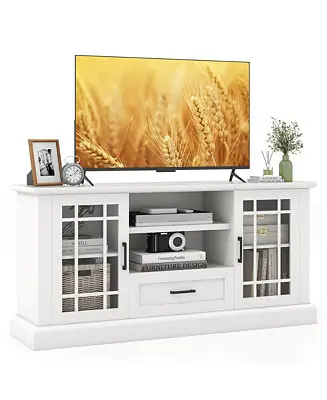1 PC Wood Farmhouse TV Stand for TVs up to 70'' Media Center w/Glass Doors Cubbies & Drawer Trending