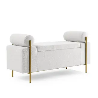 White linen upholstered bench with iron legs Popular