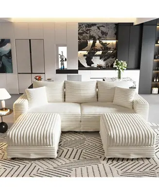 Today Only Plush Corduroy 3-Seat Sofa with Ottomans