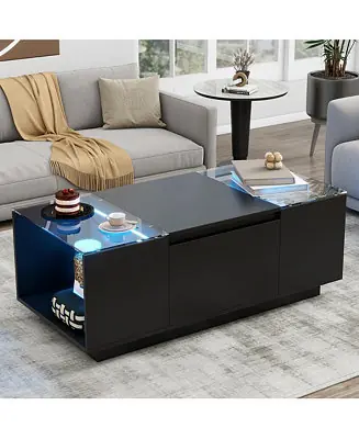 Don’t Miss Out LED Coffee Table – Modern High-Gloss Center Table with Glass Top, Open Storage & 2 Hidden Drawers