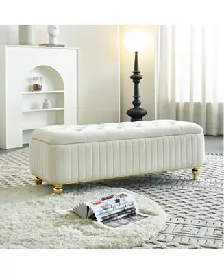 Brand New Beige Velvet Storage Ottoman with Gold Decor