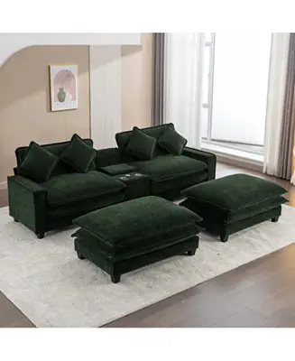 Best Seller 111" Chenille Sectional Sofa w/ Ottomans, USB, Cup Holders & Storage