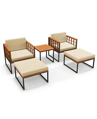 Popular 5 PCS Acacia Wood Patio Furniture Set with Ottomans Soft Cushions & Coffee Table