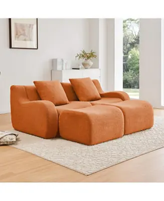 Soft Teddy Fabric Boneless Sofa, Anti-Slip, Curved Armrests, Ergonomic Support, Orange Limited Offer
