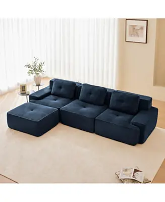 Warranty Included Modern L-Shaped Corduroy Sectional Sofa with Movable Ottoman, Blue