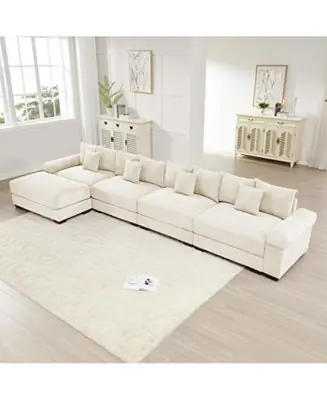 Free Delivery 170" Oversized Cloud Modular L-Shape Sectional Couch, Cream Corduroy, Ottoman, 12 Pillows