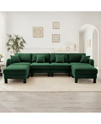 Boucle U-Shape Sectional Sofa with Ottomans, Shell Armrests, Green Instant Buy