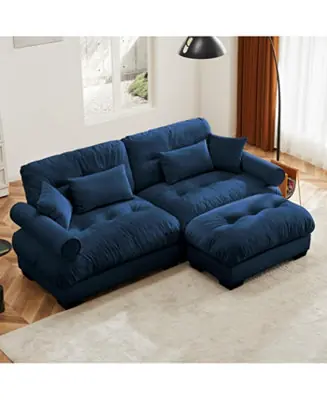 Oversized Modern Velvet Two-Seater Sofa with Ottoman & Pillows, Blue Limited Edition