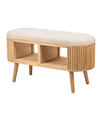 - Beige Velvet and Wood Storage Bench Exotic Boho Entry Premium