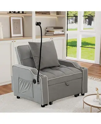 Streamdale Convertible Velvet Futon Sleeper Chair Bed w/ USB & Phone Holder (Light Gray Bargain