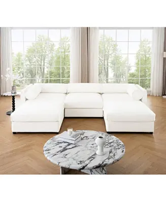Luxury White Chenille Sofa with Storage Ottoman